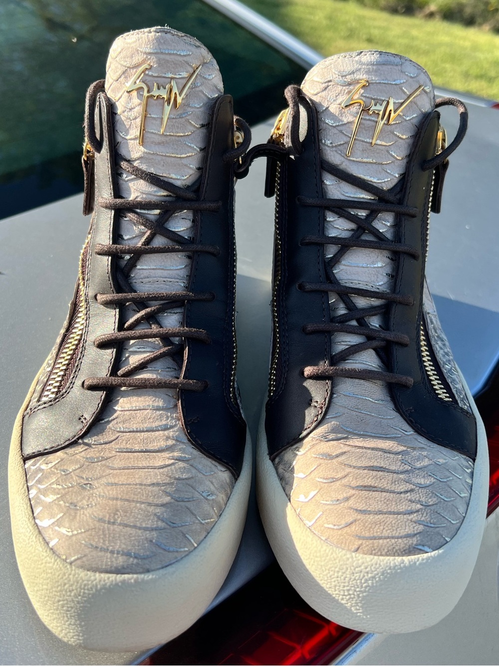 Giuseppe Zanotti Men Cream And Brown Snake Skin Embossed Leather Sneakers Sz 42